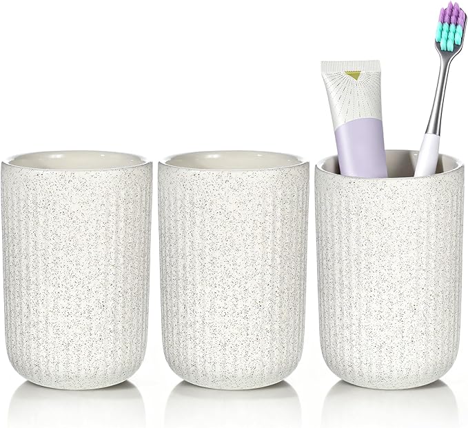 Toothbrush Holders for Bathrooms, 3 Cups Ceramic Tooth Brush Holders Set, Beige Bathroom Tumbler Cups Reusable Toothbrush Mouthwash Cup for Bathroom Counter Organizer