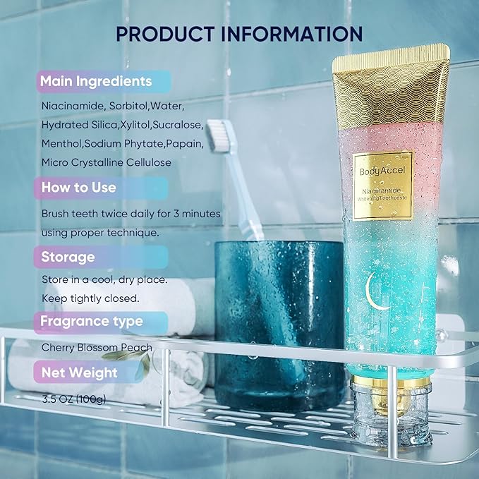 BodyAccel Niacinamide Toothpaste – Whitening & Fluoride-Free, Fresh Breath & Healthy Gums, Removes Surface Stains, Natural Peach Flavor (2 Pack)