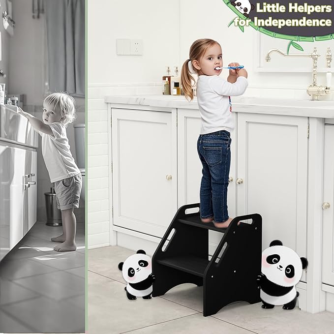 AMBIRD Wooden Step Stool, 15.75'' H Potty Training Toddler 300 lbs Capacity with Safety Non-Slip Pads and Handles, Step Stools for Kids, Bamboo 2-Step Stool for Bathroom, High Beds (Black)