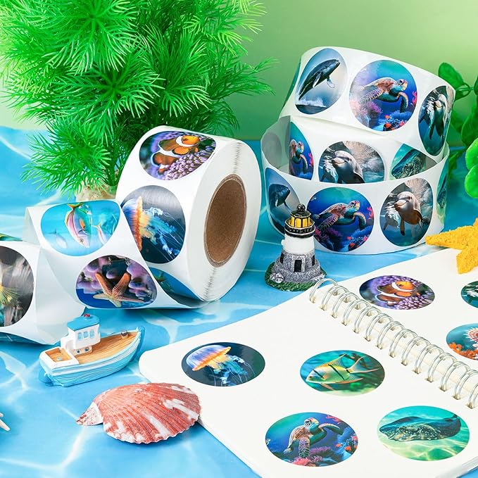 1200Pcs Roll Ocean Stickers Round Sea Animals Stickers for Kids Fish Sticker for Water Bottle Teacher Reward School Supplies Incentives (16 Styles)