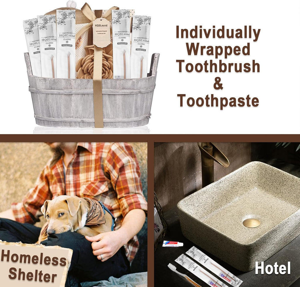 20 pcs Disposable Toothbrush with Toothpaste Bulk Individually Wrapped, Travel Toothbrush Kit, Hotel Toothbrushes Bulk for Airbnb,Shelter/Wedding/Nursing Home/Charity/Homeless, Gold
