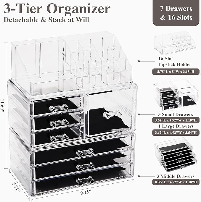 Sea Team 3-Layer Stackable Clear Makeup Organizer with Drawers, Acrylic Plastic Cosmetic Display Case, Jewelry Storage Box for Dresser, Bathroom, Vanity, Countertop (7 Drawers, 1 Lipstick Holder)
