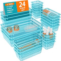 WOWBOX 24 PCS Plastic Drawer Organizer Set, 4 Sizes Desk Drawer Organization and Storage Containers for Makeup, Cosmetics, Jewelry and Gadgets in Kitchen, Bathroom, Bedroom, Office, Clear Sea Blue