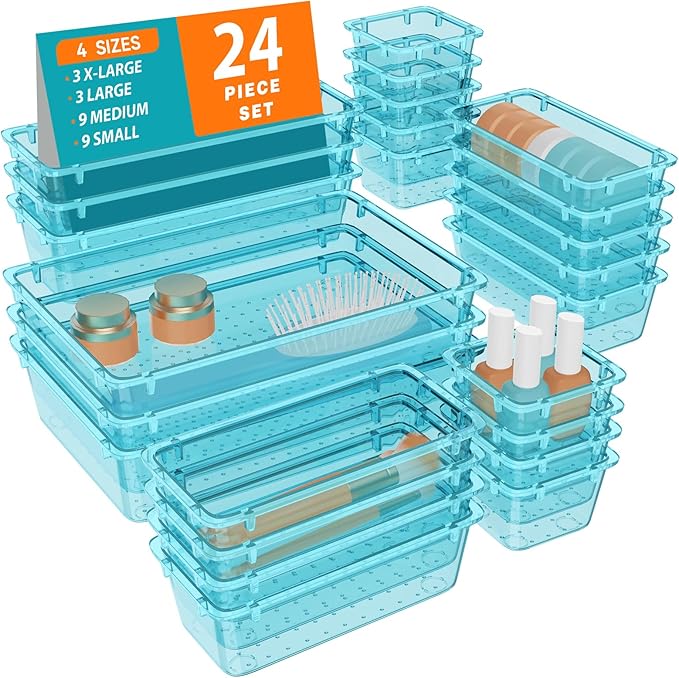 WOWBOX 24 PCS Plastic Drawer Organizer Set, 4 Sizes Desk Drawer Organization and Storage Containers for Makeup, Cosmetics, Jewelry and Gadgets in Kitchen, Bathroom, Bedroom, Office, Clear Sea Blue