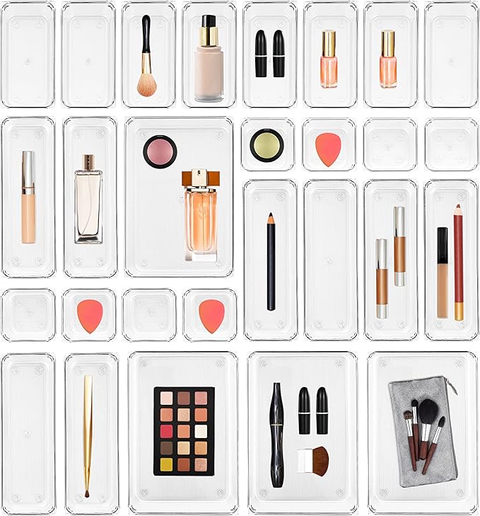 Ravinte 28 PCS Drawer Organizer Plastic Storage Bins, 4 - Size Kitchen Drawer Organizer with Non-Slip Pads Clear Desk Storage Tray for Makeup, Jewelries, Kitchen Utensils and Office