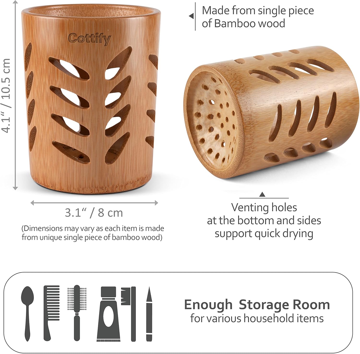 2-Pack of Eco-Friendly Bamboo Toothbrush Holders - Sustainable, Single Piece Wood Design with Drainage - Toothbrush Holders for Bathrooms - Functional, Well-Vented Bamboo Toothbrush Holder Set of 2
