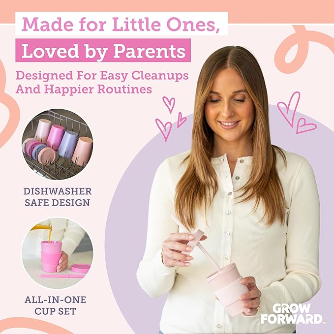 Grow Forward Bamboo Kids Cups with Lids and Straws - 10oz Drinking Cups for Kids with Childproof Twist Lids & Silicone Straws - Eco Friendly, BPA Free, Non Toxic & Dishwasher Safe - Floral