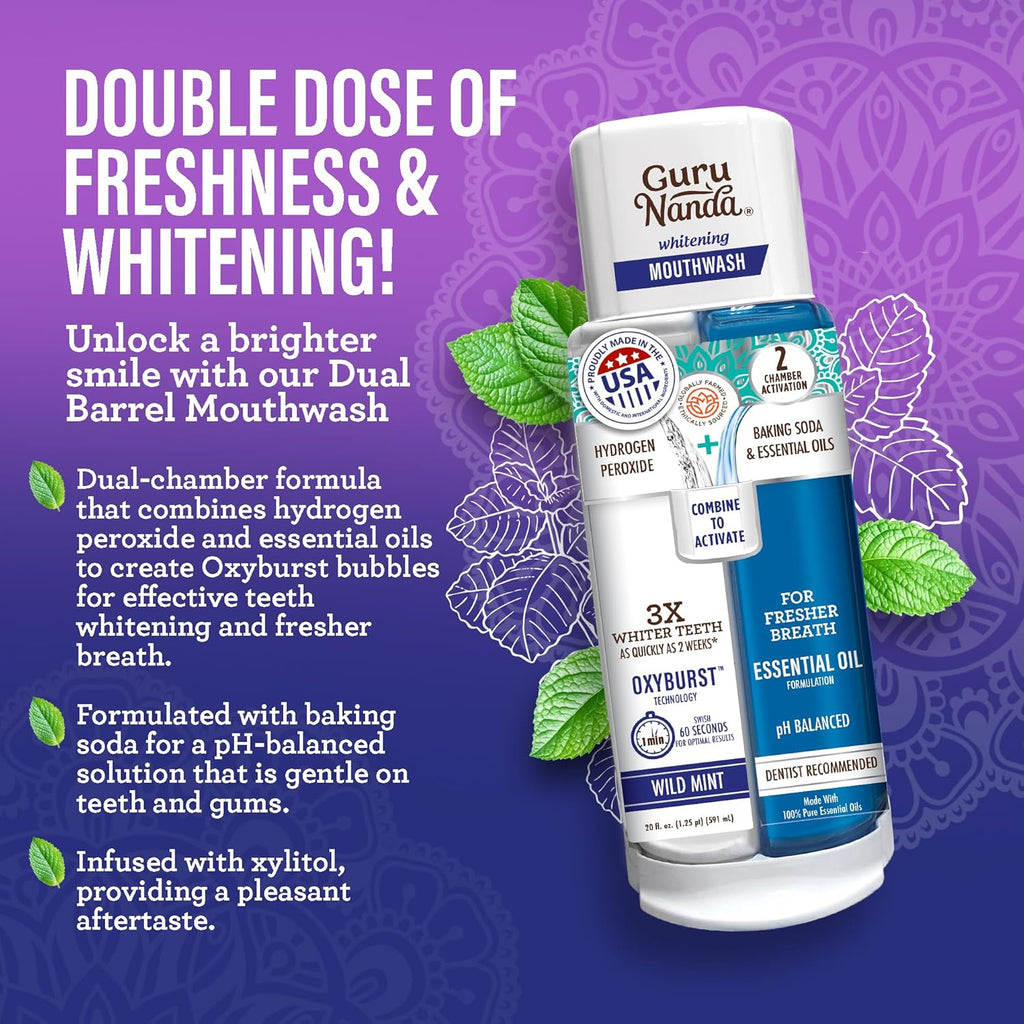 GuruNanda Total Smile Makeover Kit Charcoal with Cocomint Oil Pulling, Dual Barrel Whitening Mouthwash, Whitening Strips & Charcoal Butter on Gums Toothbrushes