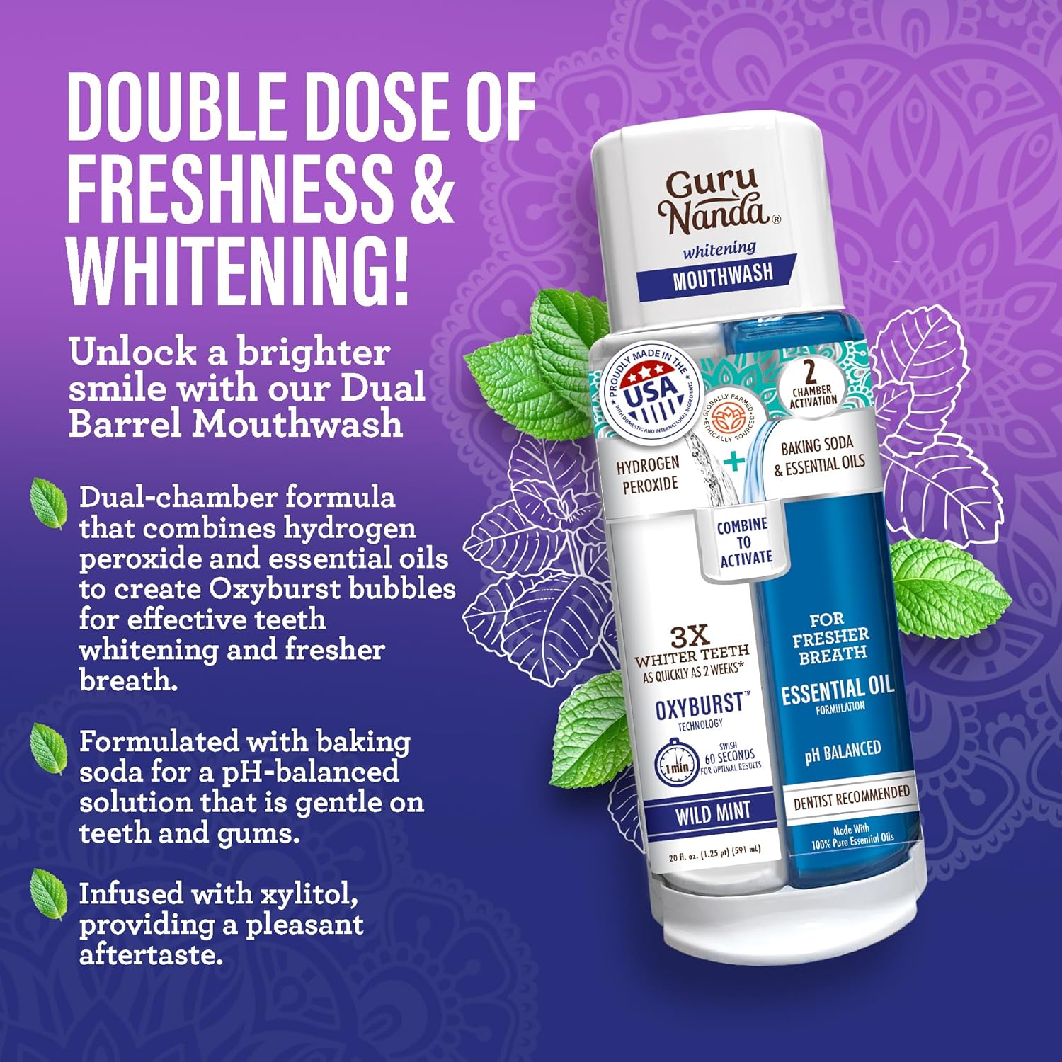 GuruNanda Total Smile Makeover Kit Charcoal with Cocomint Oil Pulling, Dual Barrel Whitening Mouthwash, Whitening Strips & Charcoal Butter on Gums Toothbrushes