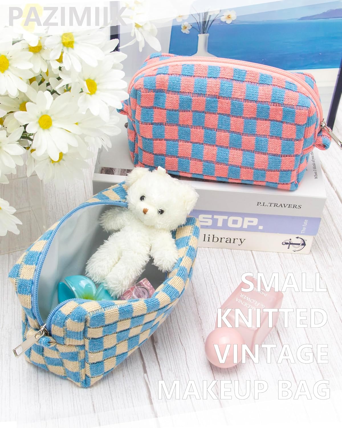 PAZIMIIK 6PCS Checkered Makeup Bag for Purse Portable Zipper Make Up Pouch Small Cosmetic Case for Travel Accessories Blue Beige