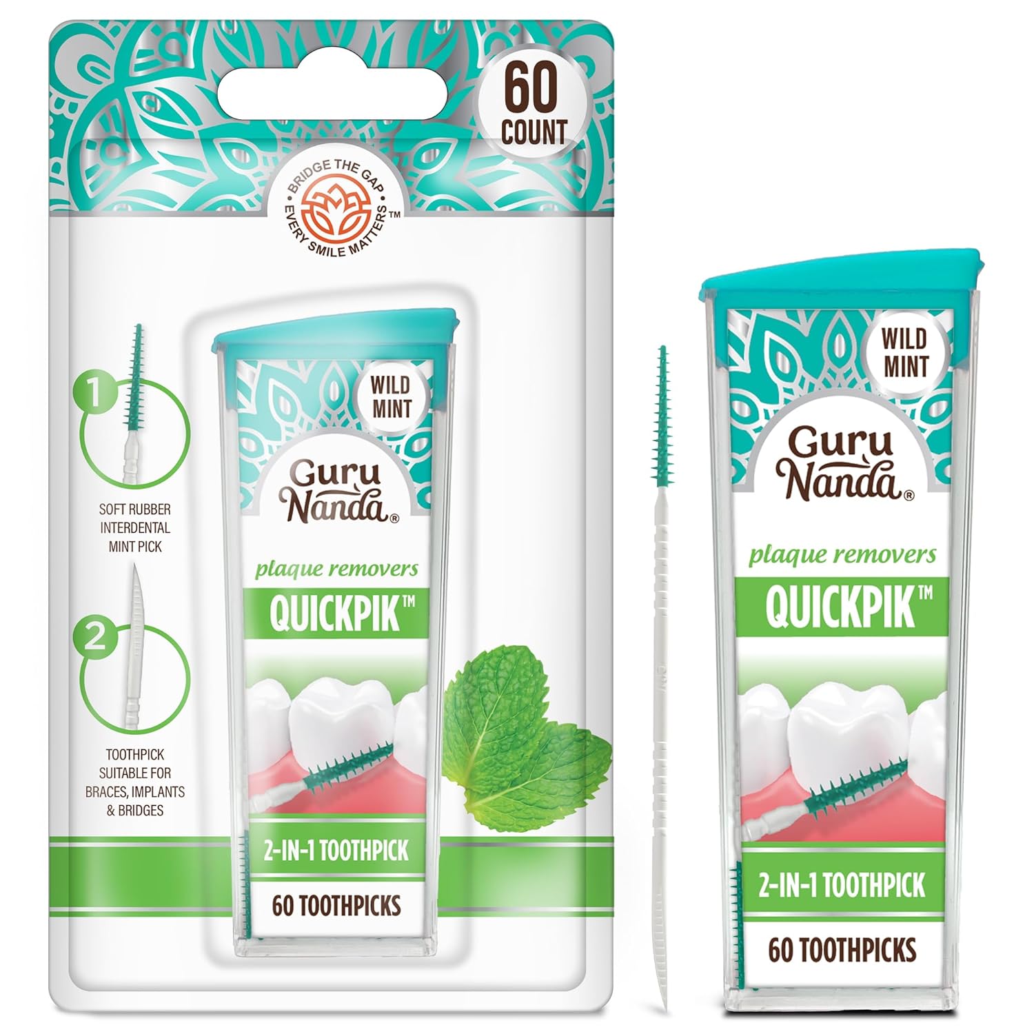 GuruNanda 2-in-1 QuickPik Toothpick & Interdental Pick – Soft Rubber Bristles for Plaque Removal & Improved Oral Care, Comes with a Travel Case for On-The-Go Use, 60ct