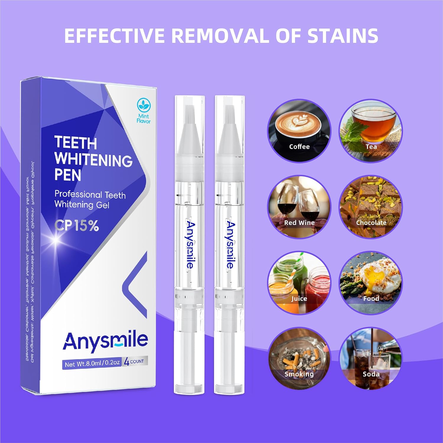 Teeth Whitening Pens Non Sensitive Teeth Whitener Gel with Effective 15% Carbamide Peroxide, 4 Professional Tooth Whitening Gel Pens 2ml/Pen