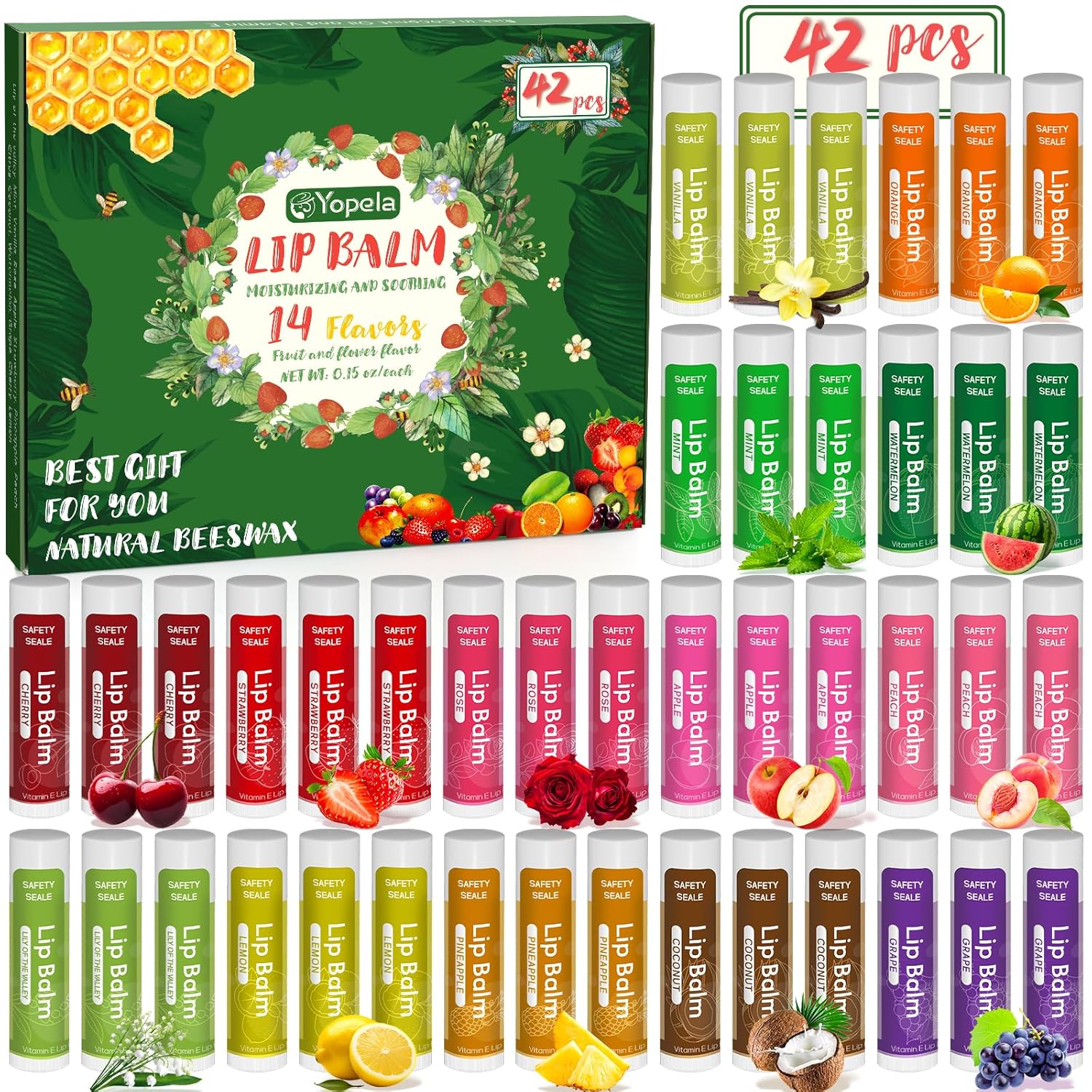 Yopela 42 Pack Natural Lip Balm Bulk with Vitamin E and Coconut Oil - Moisturizing, Soothing, and Repairing Dry and Chapped Lips Valentine's Gift - 14 Flavors - Non-GMO