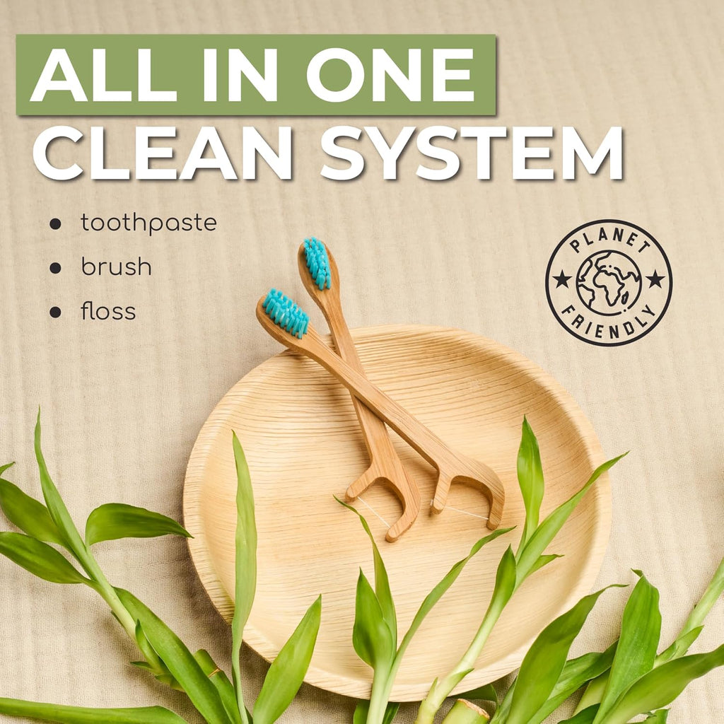 Brushee - 12 Pack Bamboo Toothbrushes Kit - 3-in-1 Travel Toothbrush with Flosser - Soft Eco-Friendly Disposable Toothbrushes with Toothpaste Fresh Mint Flavored - Individually Wrapped for Travel
