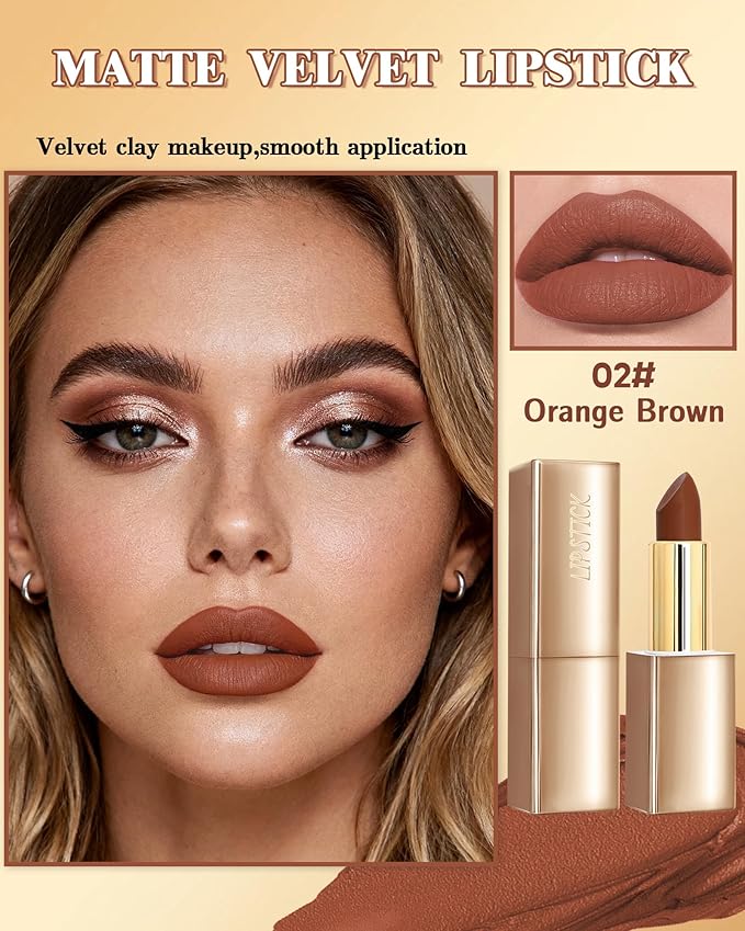 Velvet Matte Lipstick, Orange Brown High Pigmented Lip Tint Stain, Waterproof Long Lasting Cream Lip Gloss, Non-Stick Cup Smooth Tinted Lip Balm, Thanksgiving Lip Professional Makeup Gift for Women-02