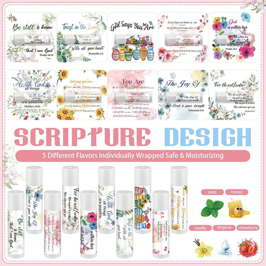 50 Pack Christian Religious Gifts Bulk Bible Verse Lip Balms 5 Flavor for Women Men Christian Religious Church Party Favors with Scripture Inspirational Gifts for Coworkers Staff
