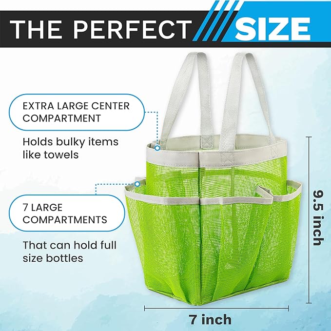 Handy Laundry Mesh Shower Caddy - 7 Pocket Portable Bathroom Organizer Tote for Travel, Gym & Dorm - Collapsible Small Shower Caddy Bag to Hold Toiletries & Essentials (Green)