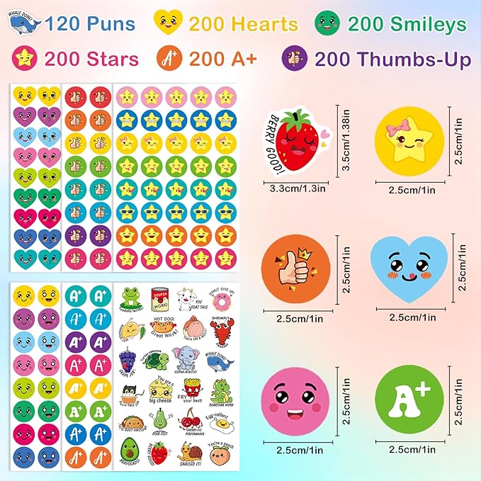 1120Pcs Motivational Reward Stickers for Kids and Students, Includes Stars, Smiley Faces, Hearts, A+, Thumbs Up, and Fun Pun Designs, Must-Have for Elementary Teachers and Homeschool Classroom