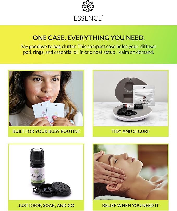 Essence Pearl Travel Case - Wearable Aromatherapy Kit with Nasal Diffuser Rings, Soaking Bay, and 5mL Essential Oil – Portable Wellness Gift Set for On-The-Go Self Care