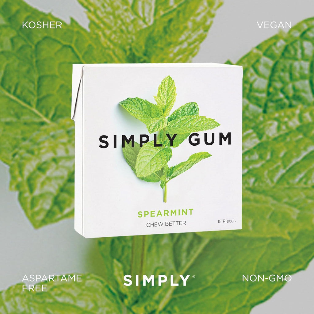 SIMPLY Gum Spearmint, Plastic-Free Natural Chewing Gum, 6 Pack (90 Pieces) | Vegan, Kosher, Non GMO, Aspartame Free and Sorbitol Free