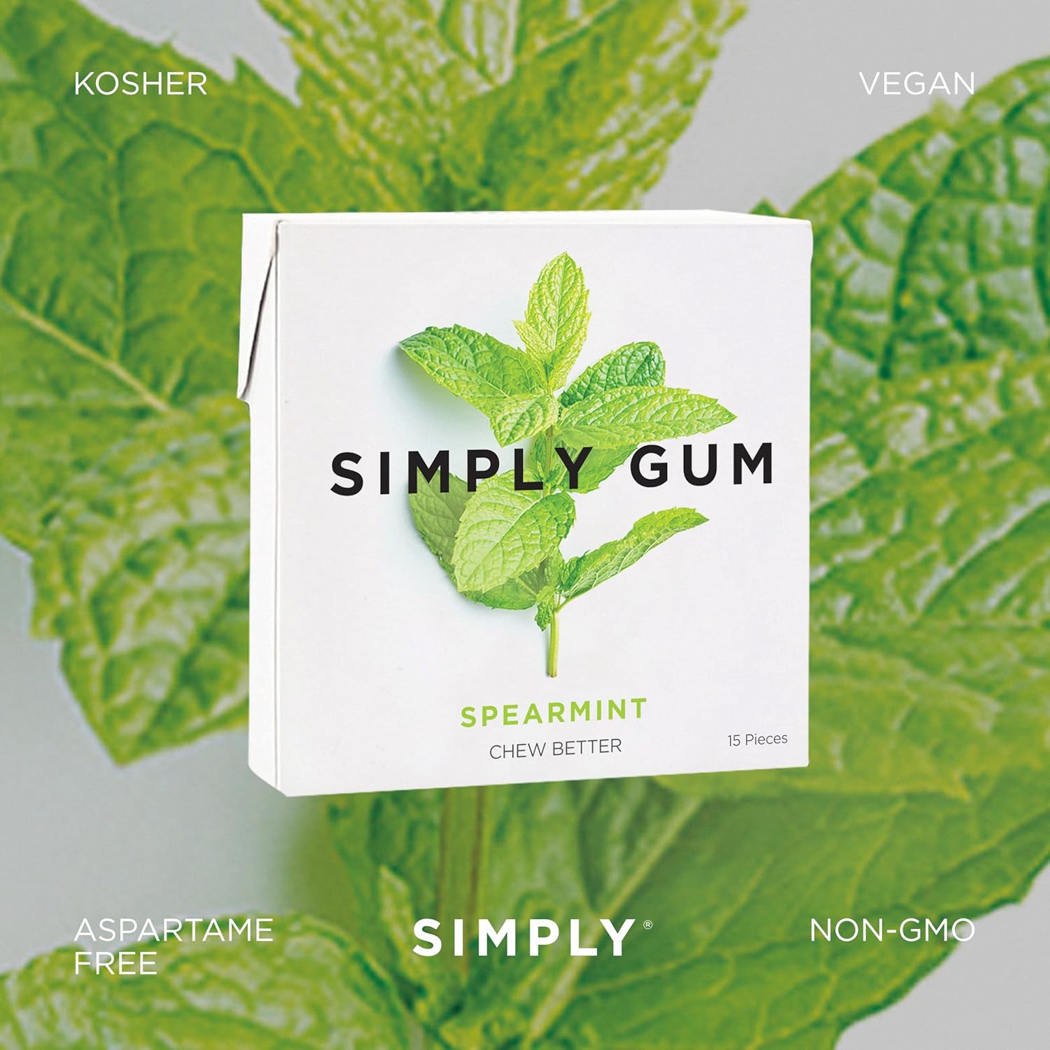 SIMPLY Gum Spearmint, Plastic-Free Natural Chewing Gum, 6 Pack (90 Pieces) | Vegan, Kosher, Non GMO, Aspartame Free and Sorbitol Free