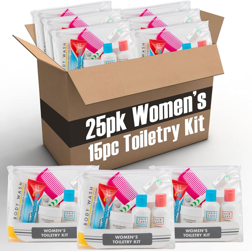 Trail maker (25 Kits) Homeless Care Package Supplies Bulk Summer Hygiene Travel Kits for Women, 15 Piece Travel Size Toiletries, Homeless Supplies in Bulk for Charity