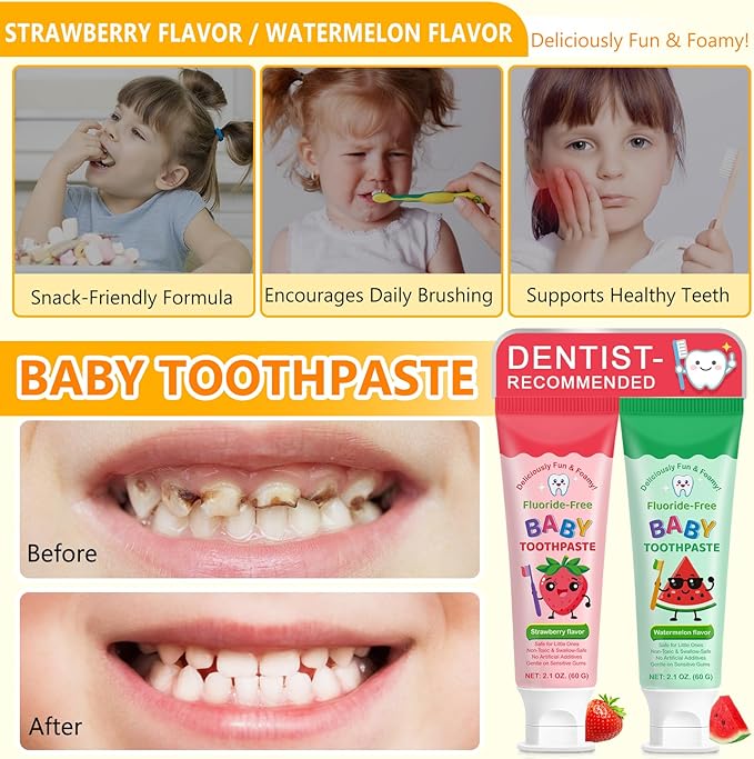 2PACK Kids Toothpaste Watermelon and Strawberry Flavor, Swallowable Toothpaste with xylitol and Vitamin E, Fights Plaque, Designed for Children, 2.1OZ