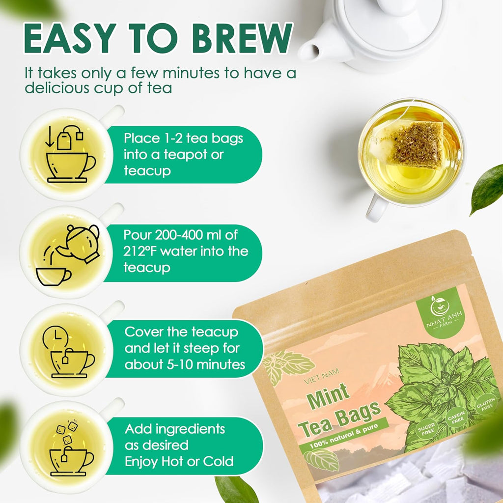 NHAT ANH FARM - Premium Peppermint Tea Bags, 40 Peppermint Tea Bags, 100% Natural Dried Mint Leaves, Naturally Sweet Herbal Tea, Sugar-Free, Caffeine-Free, No Additives.