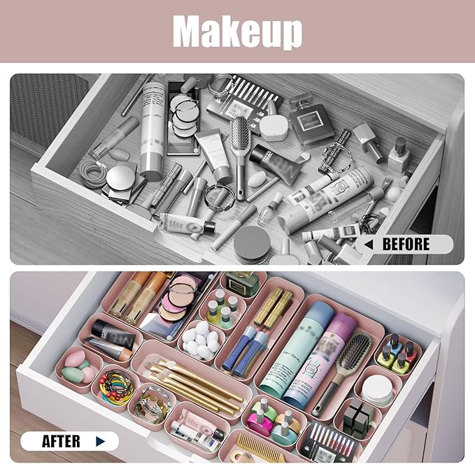 Plastic Drawer Organizers, 18 PCS Bathroom Drawer Organizer Bins, Desk and Vanity Organizer Plastic Tray, Makeup organizer and storage for Bedroom, Kitchen Gadgets Utensils and Office (Pink)