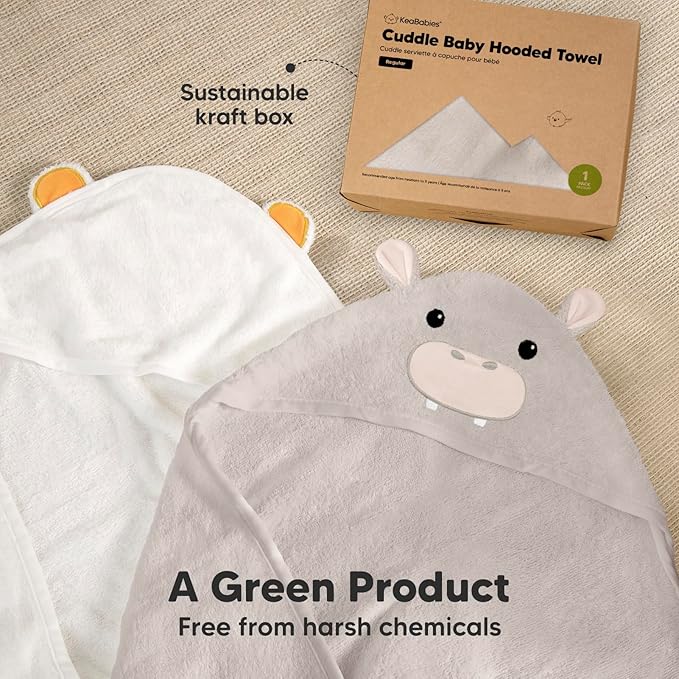 KeaBabies Hooded Baby Towel for Newborn - Viscose Derived from Bamboo Large Baby Bath Towels with Hood for Boys, Girls, Toddler, Extra Absorbent & Soft Newborn Bath Essentials (Hippo, Regular)