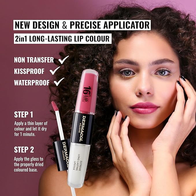 Dermacol NEW 16-Hour Lip Colour, Highly Pigmented Glossy Lip Stain, Two-Phase Lip Plumper Gloss, Kissproof Lip Makeup Products with Matte and Glitter Finish, n.16