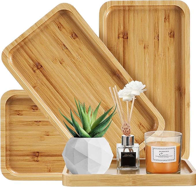 3 Pcs Bamboo Tray for Bathroom Bamboo Vanity Bathroom Counter Organizer Decorative Tea Serving Tray for Dresser Coffee Table Home Decor Toilet Tank Candle Perfume, 9.8 x 5.7 x 0.78 Inch