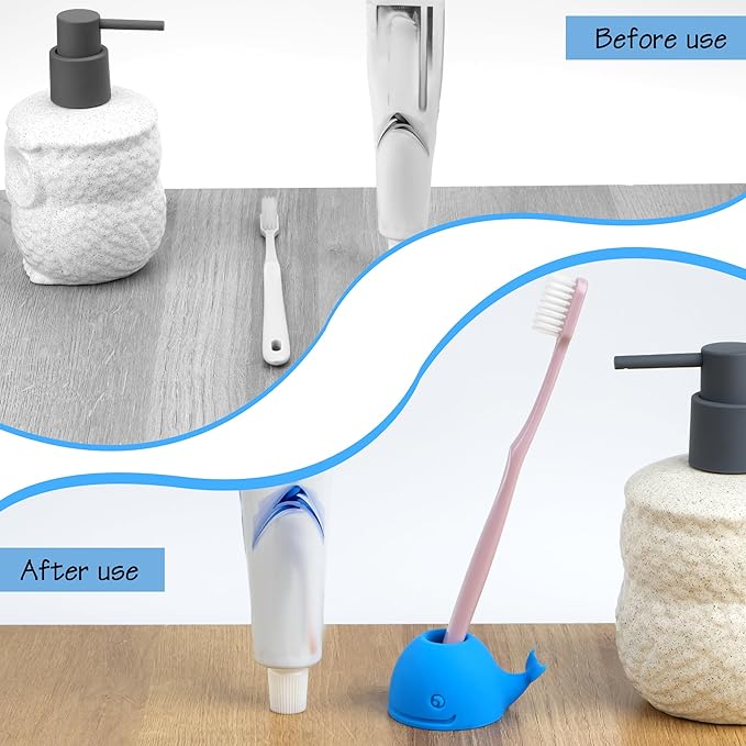Whale Toothbrush Holder Set, Silicone Compact Stand, Toothbrush Organizer for Bathroom and Sink, Cute Portable Toothbrush Protector for Home & Travel (2Pcs, Blue)
