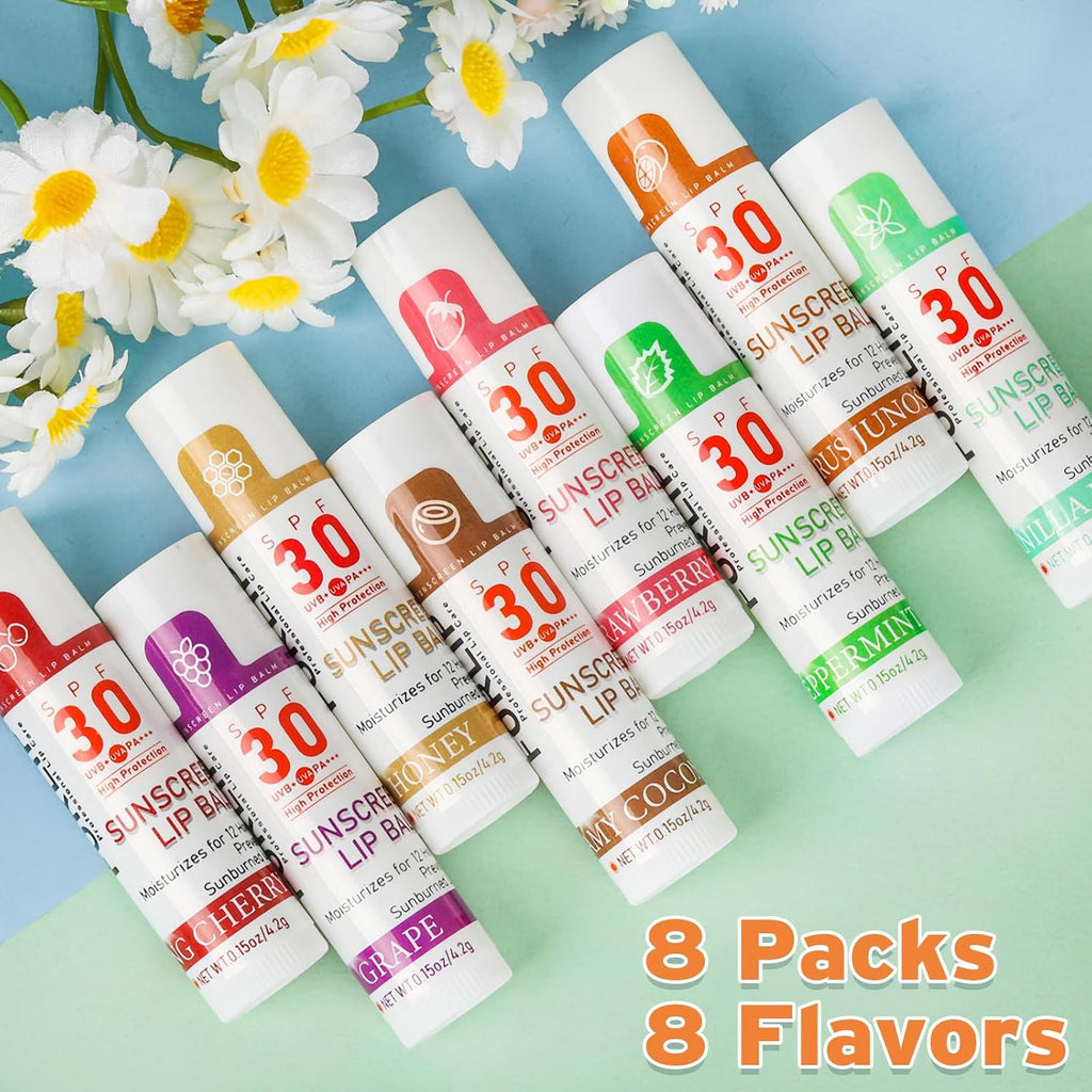SPF 30 Lip Balm with Sunscreen, 8 Pack - 8 Flavors, Hydrating Lip Balm with Vitamin E and Coconut Oil