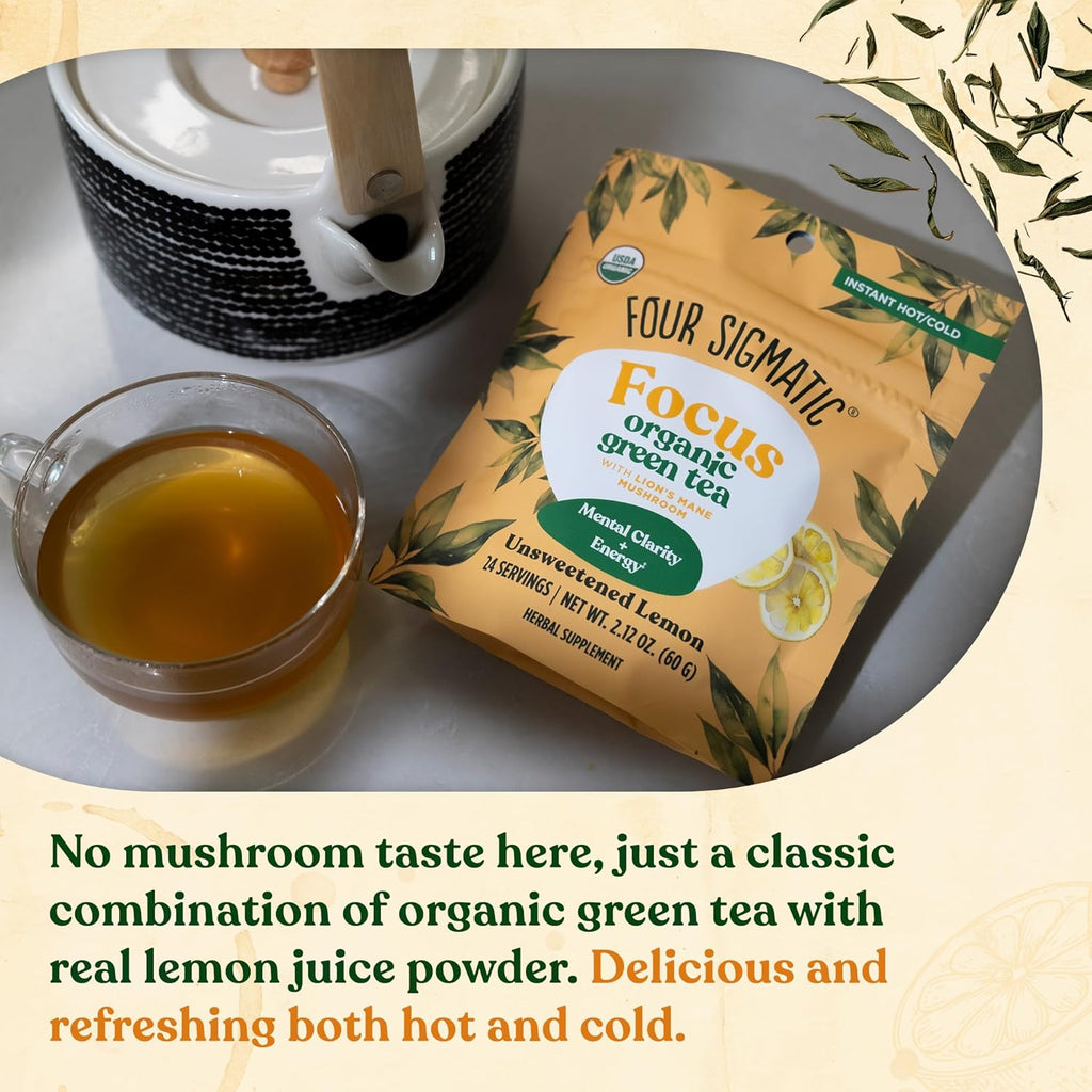 Four Sigmatic Focus Organic Green Tea | Focus Enhancing Tea with Lion's Mane Mushroom Extract | Organic Green Tea, Mint, and Rose Hips | Vegan, Gluten-Free | Unsweetened with Lemon, 24 Servings
