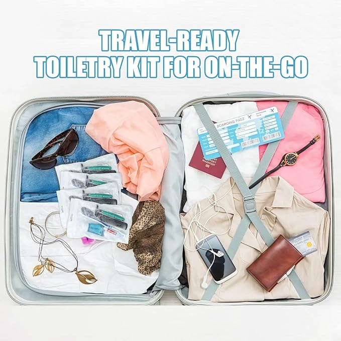 10 Pack Travel Hygiene Kits, 8-in-1 Personal Toiletry Kit -Toothbrush, Toothpaste, Comb, Flossers, Shampoo, Soap, Razor & Shaving Cream, Individually Packed for Travel, Guest Rooms,Vacation Rentals