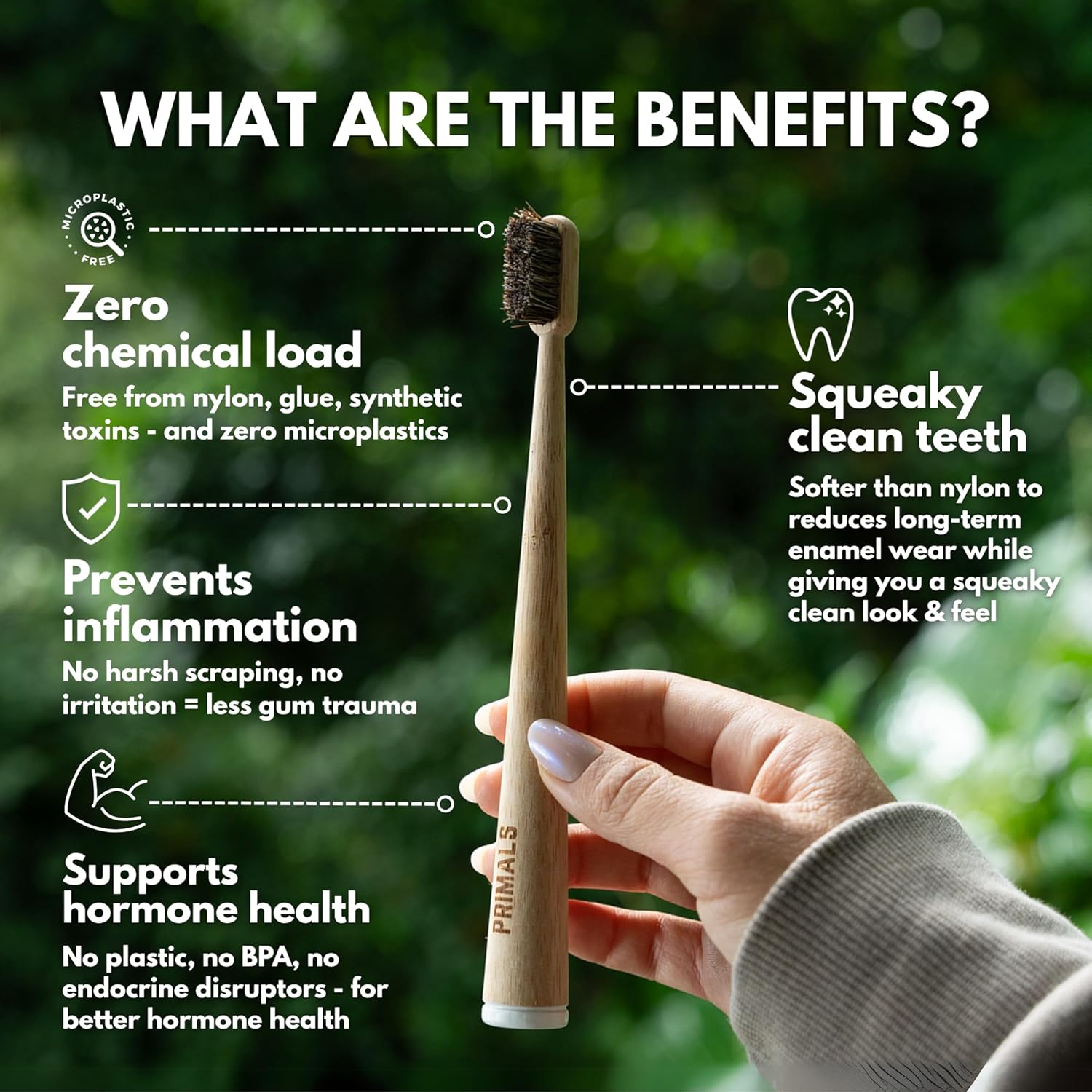 PRIMALS Horse Bristle & Bamboo Toothbrush (4-Pack) - Luxurious & Soft Horse Bristles - Fully Biodegradable - Plastic & Nylon Free - Quick Dry Design