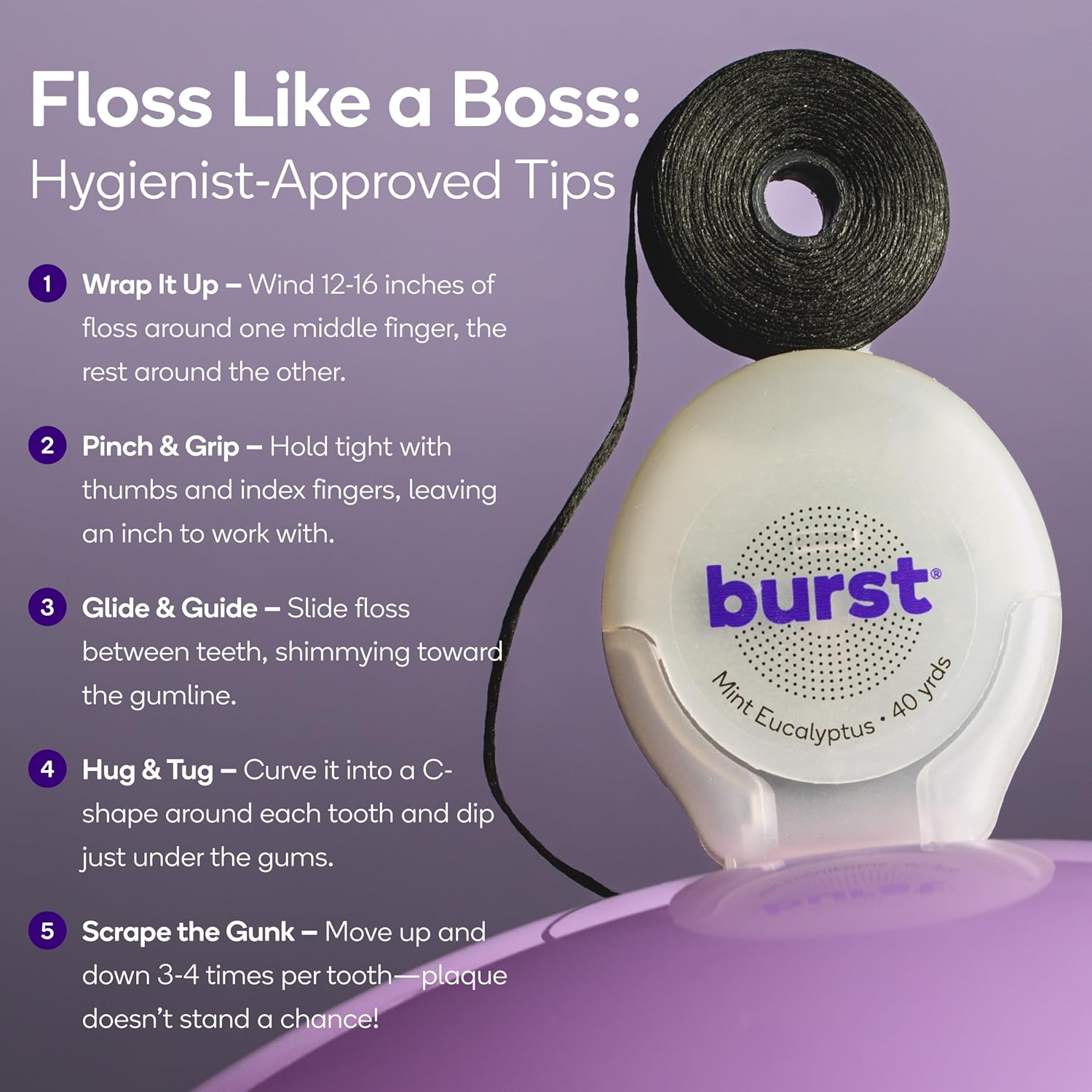 Burst Expanding Dental Floss (Mint Eucalyptus/80 Yards) | Stain Absorbing & Woven Tooth Floss with Xylitol Coating to Fight Cavities | Vegan | Paraben Free Expanding Floss