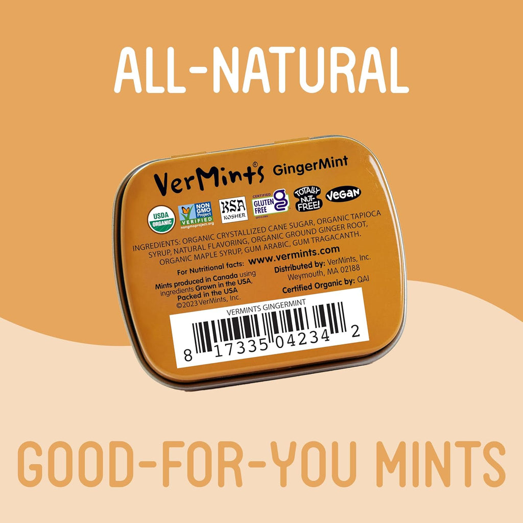 VerMints Organic Breath Mints GingerMint - Real Ginger Flavored Candies - Travel Size Tin - Non-GMO, Nut Free, Gluten Free, Vegan, Kosher & Organic Candy Mints - .63oz/18g (Pack of 12)