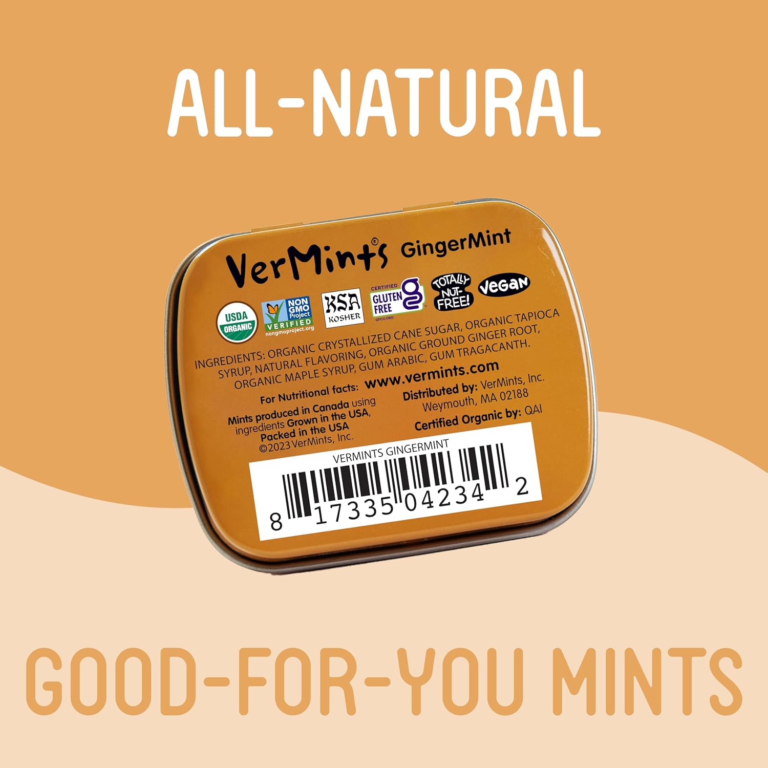 VerMints Organic Breath Mints GingerMint - Real Ginger Flavored Candies - Travel Size Tin - Non-GMO, Nut Free, Gluten Free, Vegan, Kosher & Organic Candy Mints - .63oz/18g (Pack of 12)