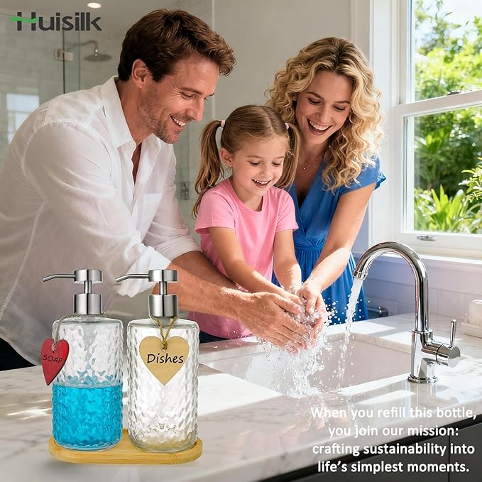 Glass Soap Dispenser Set with Bamboo Tray - 2 Pack 16 Oz Arrow Embossed Refillable Bottles with Silver Rustproof Stainless Steel Pump for Hand Dish in Farmhouse Modern Bathroom Kitchen (Clear)