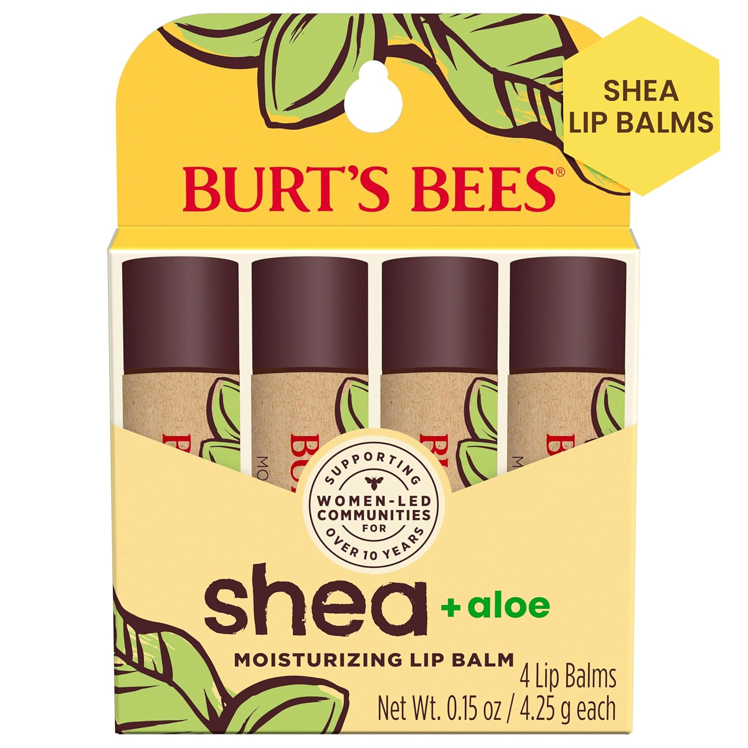 Burt's Bees Shea + Aloe Lip Balm Stocking Stuffers Christmas Gifts, Antioxidant Vitamin Rich Formula Locks in Moisture for Instant Hydration, Natural Smoothing Lip Treatment for After Sun Care(4-Pack)