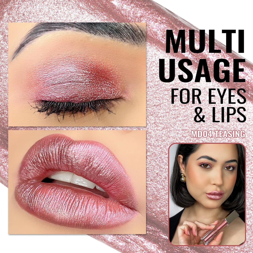 Oulac Pink Metallic Lipstick for Women, Rose Pink Lip Gloss, Lip & Eye 2 IN 1 Lip Makeup, Long Lasting Waterproof, High Impact Lip Color, Oil-Based Formula, Transfer Proof, Vegan MD04