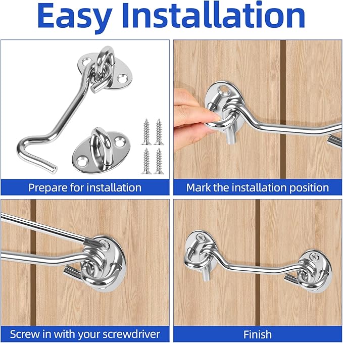 4" Silver Stainless Steel Gate Latch, Barn Door Lock with Screws, Privacy Hook for Inside Door, Fence, Window, 2 PCS