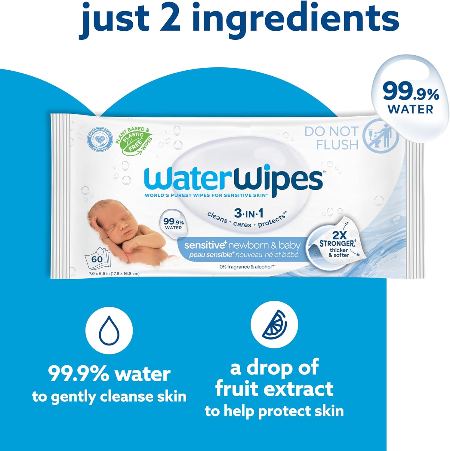 WaterWipes Sensitive+ Newborn & Baby Wipes, 3-In-1 Cleans, Cares, Protects, 99.9% Water, Unscented & Hypoallergenic, 300 Count (5 Packs)