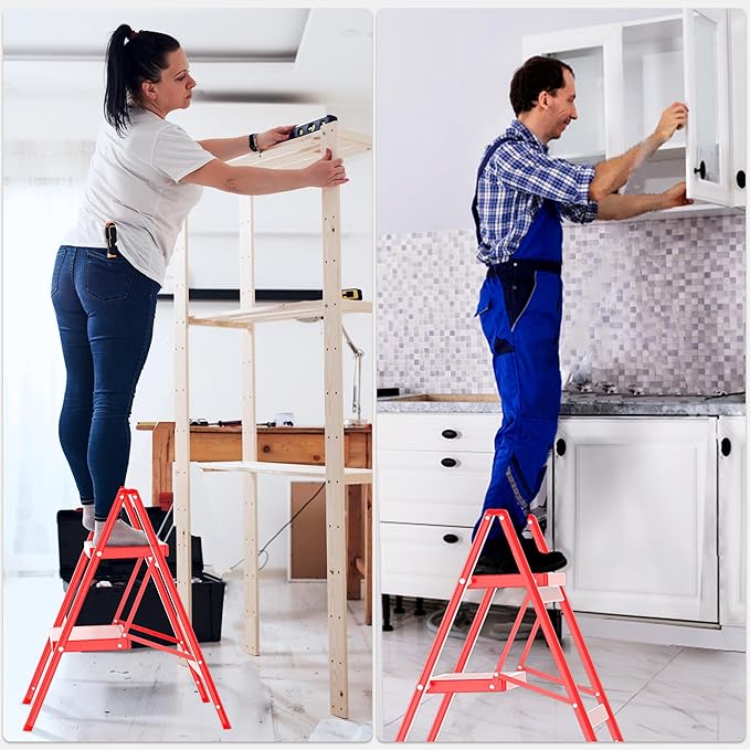 2 Step Ladder, Folding Step Stool with Anti-Slip Wide Pedal, Anti-Slip Feet, Sturdiest Steel Construction, Steel Ladder for Home and Office, Red