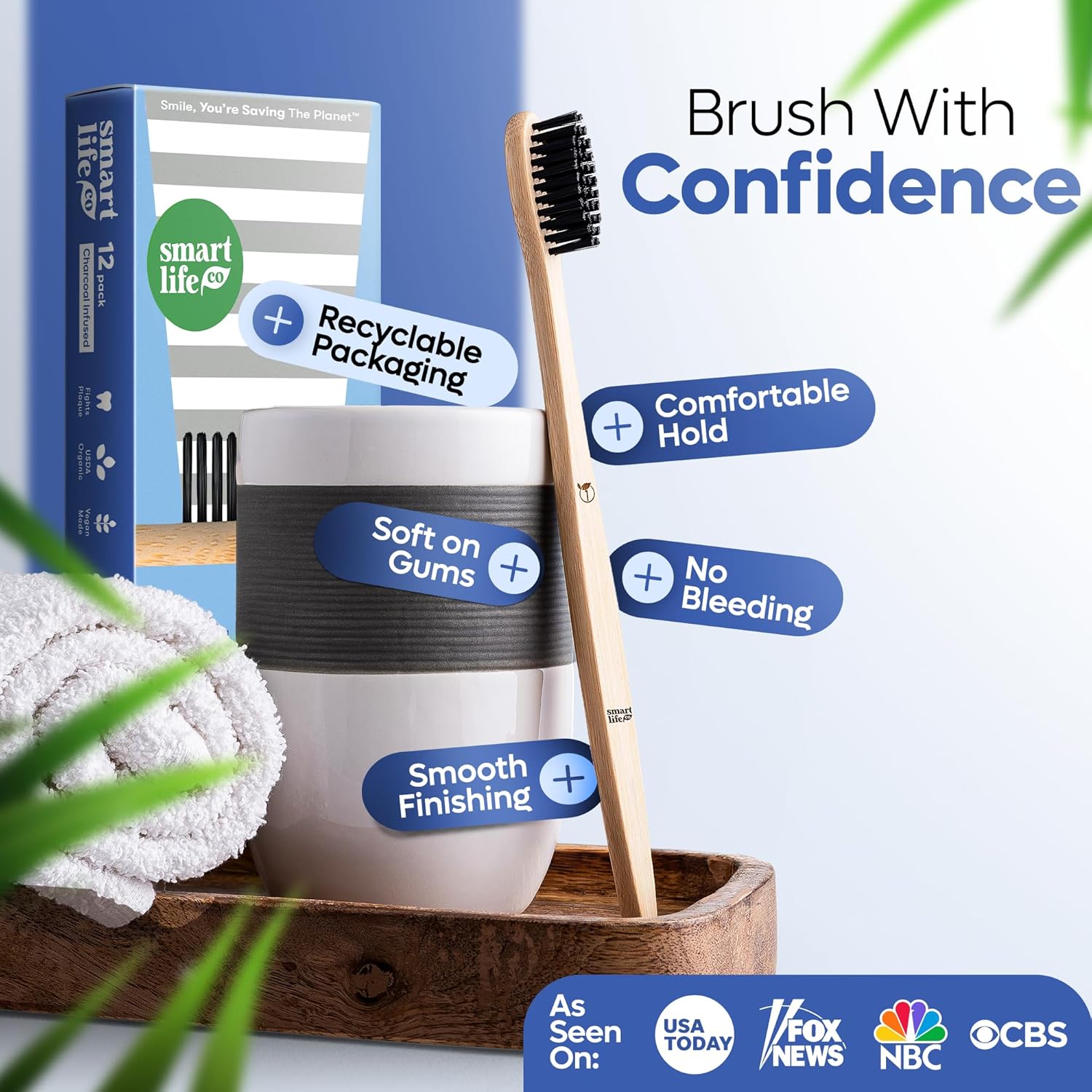 SmartLifeco Charcoal Bamboo Toothbrushes - Extra Soft Natural Bristles for Adults & Kids Teeth | Zero Waste Bulk Wooden Tooth Brush Travel Kit | BPA Free, Eco-Friendly, Vegan - (12 Pack)