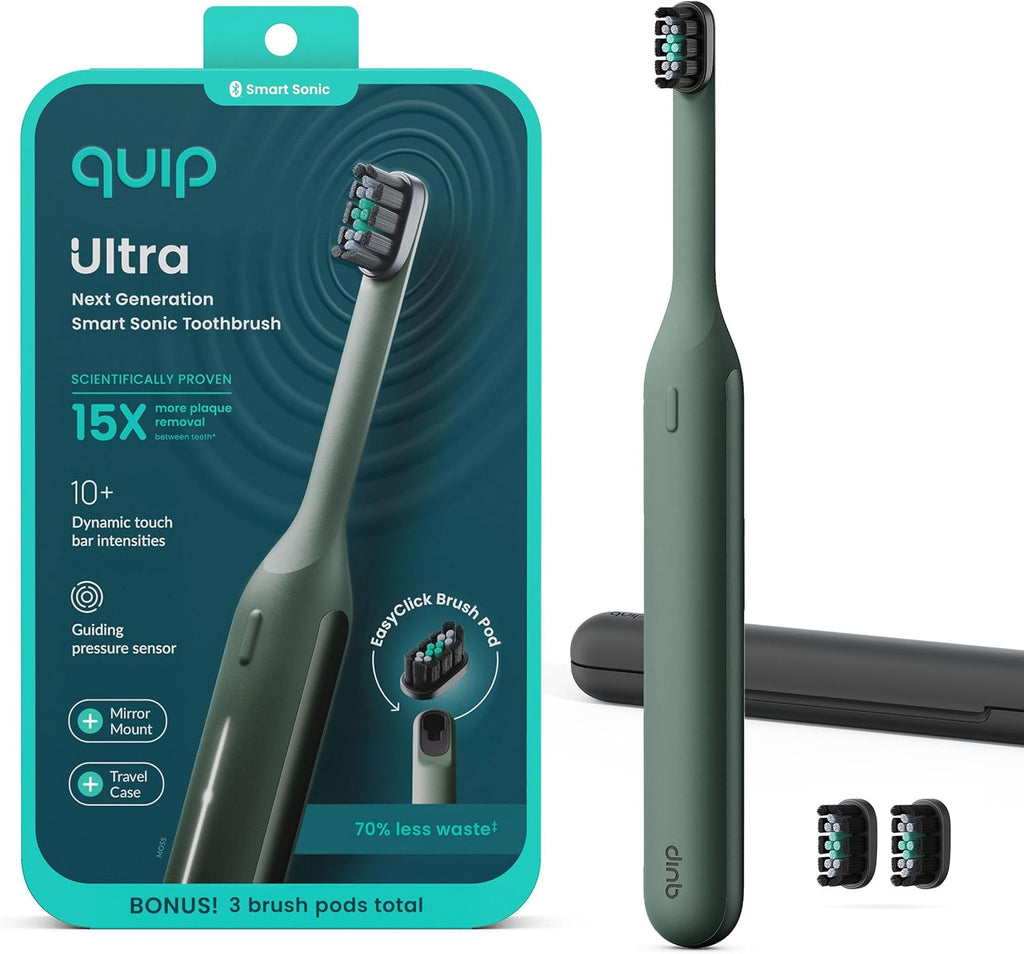 Quip Ultra Next Generation Smart Sonic Toothbrush - Timed Electric Toothbrush for Adults - Replaceable Brush Head, Soft Bristles, Silicone Handle, 30-Day Battery Life, Travel Case - Moss Green