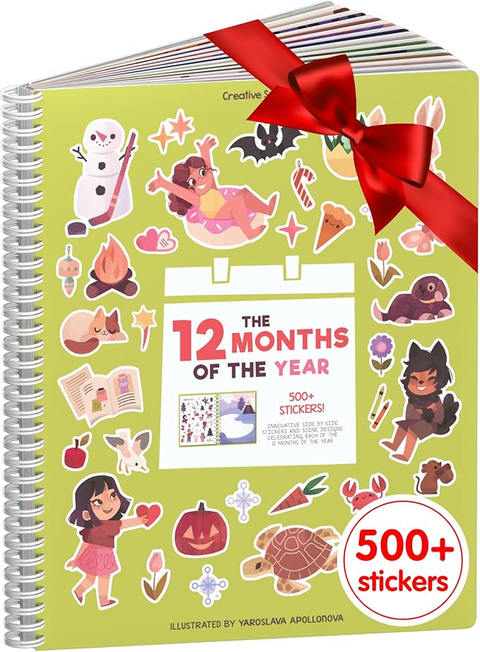 12 Months Sticker + Coloring Book (500+ Calendar Stickers for Kids & 12 Coloring Pages) Side by Side Activity Book, Fun Sticker Books, Boys & Girls Ages 2-4, 4-8, 8-10