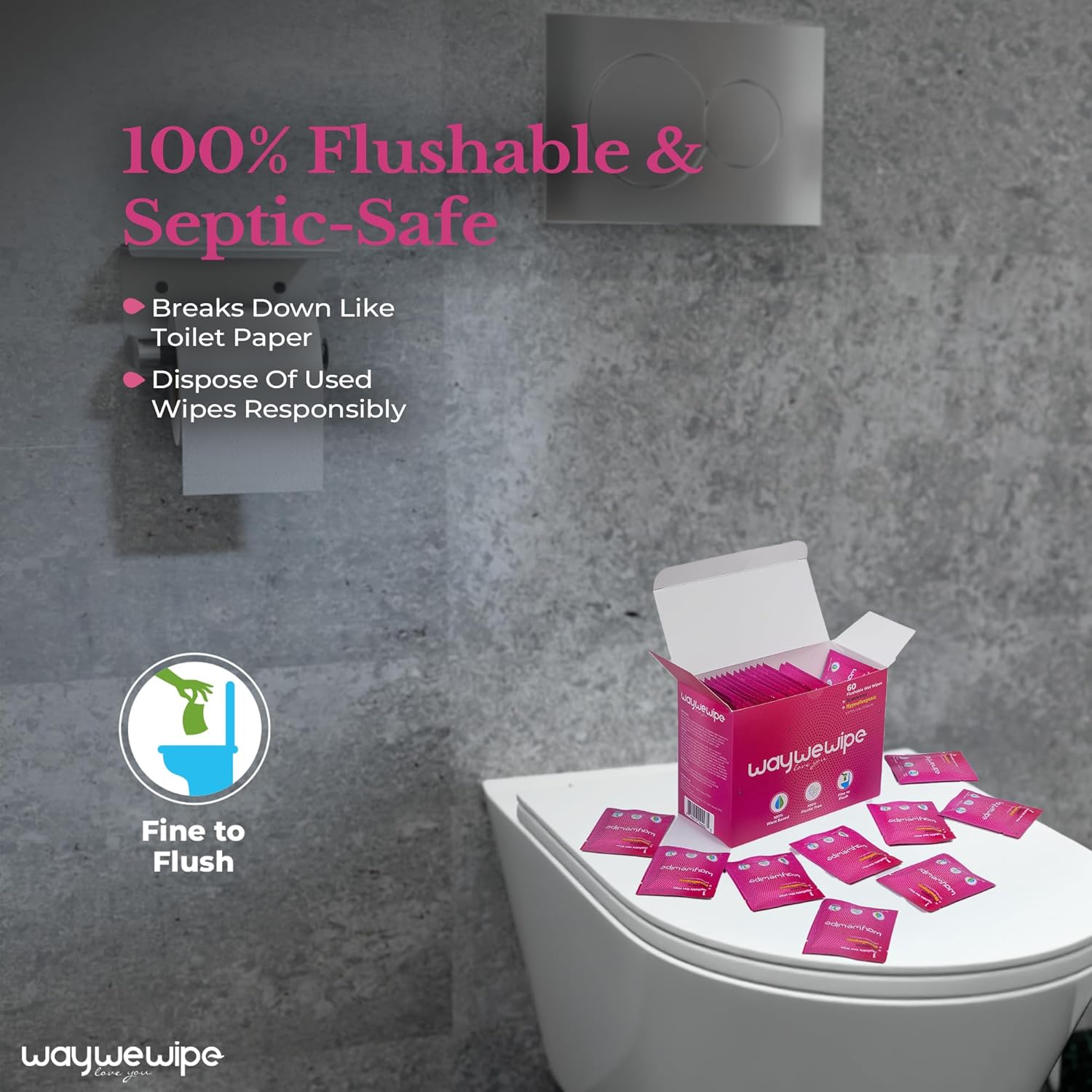 On-The-Go Flushable Feminine Wet Wipes, 60 Count XL Individually Wrapped Female Wipes, Hypoallergenic 100% Plant Based Septic Safe, Travel Size Adult Cleansing Cloth for Women, Rosewater